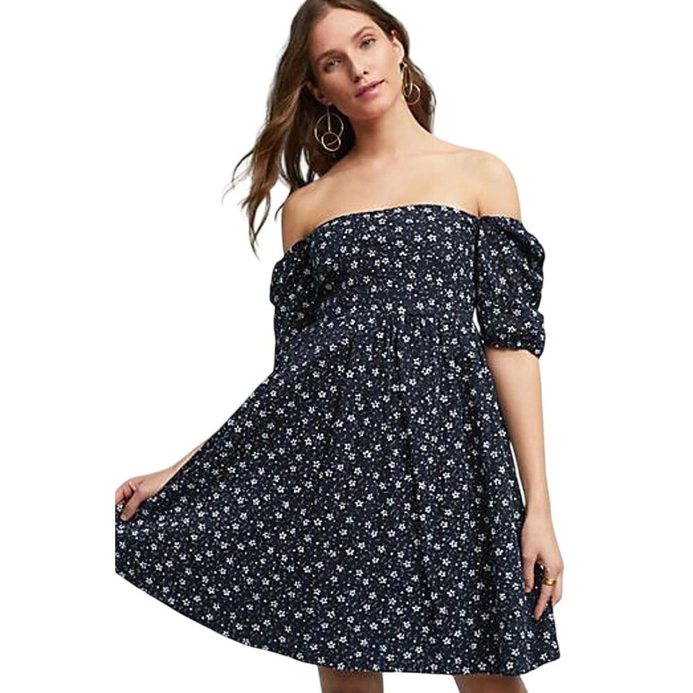Anthropologie Maeve Lillian Eyelet Floral Mini Dress 4 Navy Cottagecore Puff